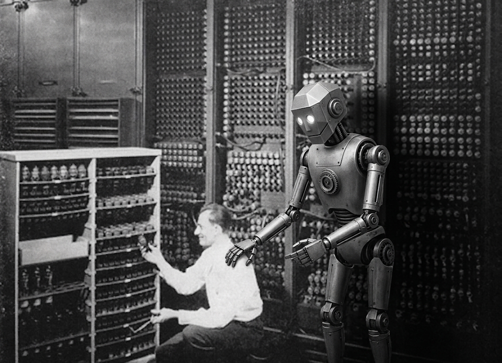 A robot joining a technician at ENIAC, standing in for the agent taking its place alongside early computing